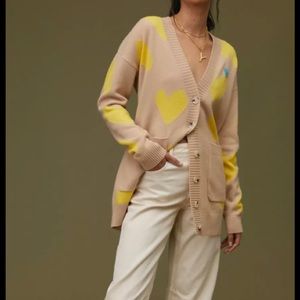 NWT - Kerri Rosenthal Cashmere Cardigan - Oatmeal w Sunshine Yellow Hearts